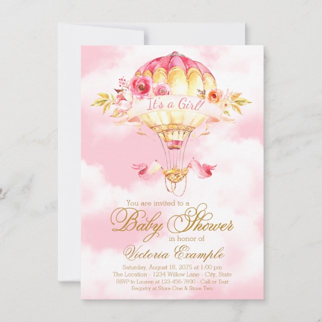 Pink Gold Hot Air Balloon Baby Shower Invitations (Devant)