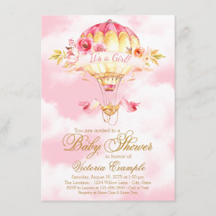 Pink Gold Hot Air Balloon Baby Shower Invitations