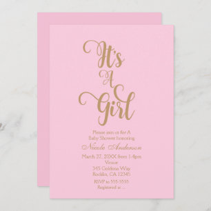 Pink & Gold It's A Girl Baby Shower Invitations