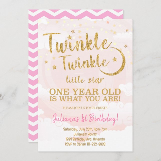 Pink Gold Little Star 1er Anniversaire Invitation (Devant / Derrière)