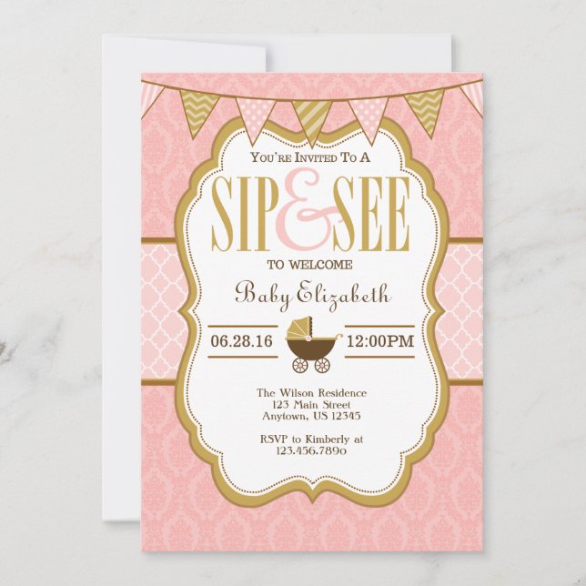 Pink Gold Sip Et Voir Invitation (Devant)