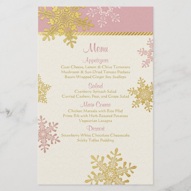 Pink Gold Snowflakes Carte de menu de mariage hive (Devant)