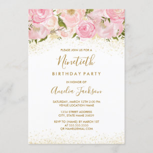 Pink Gold Sparkle Rose 90e anniversaire Invitation