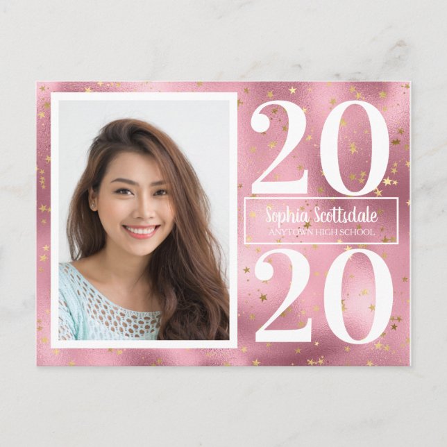 Pink Gold Stars Photo Graduation Faire-part (Devant)