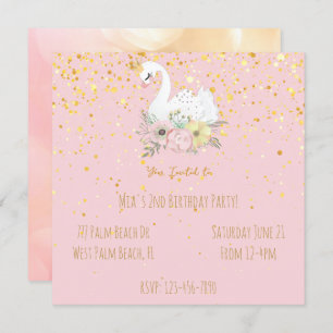 Pink & Gold Swan Princess Girls Birthday party Inv