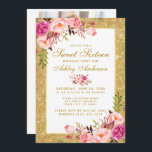 Pink Gold Sweet 16 Invitation d'anniversaire G - P<br><div class="desc">Aquarelle rose Blush Floral et or Parties scintillant Sweet sixteen Anniversaire - Gold Text - Gold Frame - Photo Retour</div>