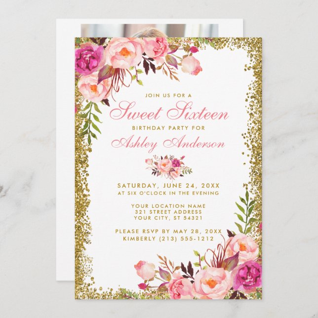 Pink Gold Sweet 16 Invitation d'anniversaire - Pho (Devant / Derrière)