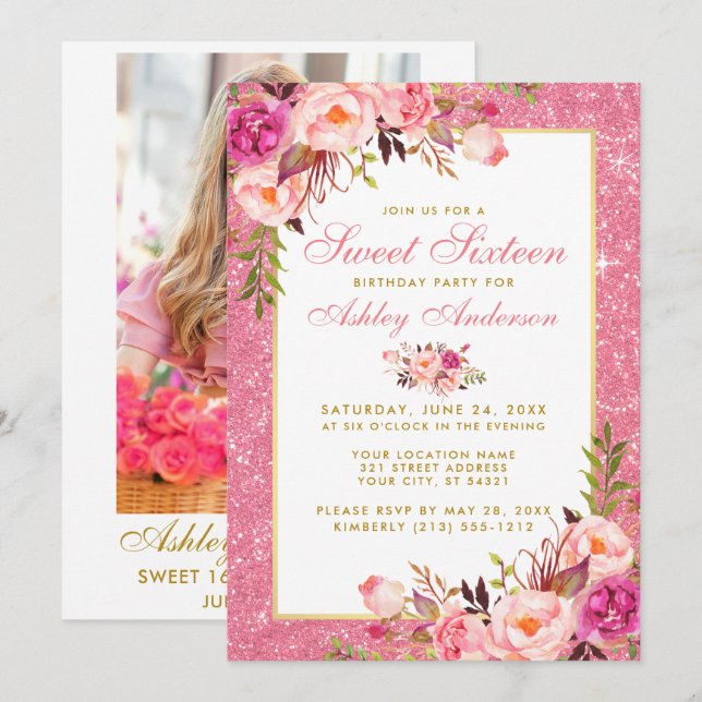 Pink Gold Sweet 16 Invitation d'anniversaire | Ret (Devant / Derrière)