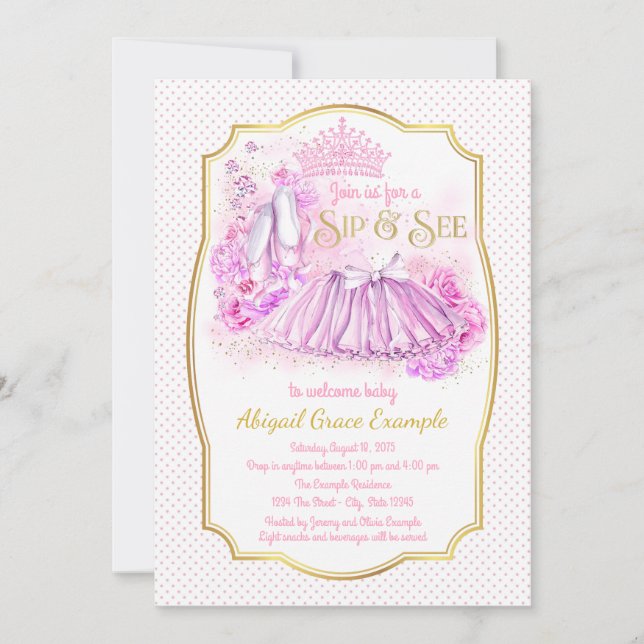 Pink Gold Tutu Princess Sip and See Invitations (Devant)