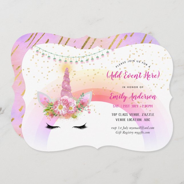 Pink Gold Unicorn Face Invitations TOUT ÉVÉNEMENT (Devant / Derrière)
