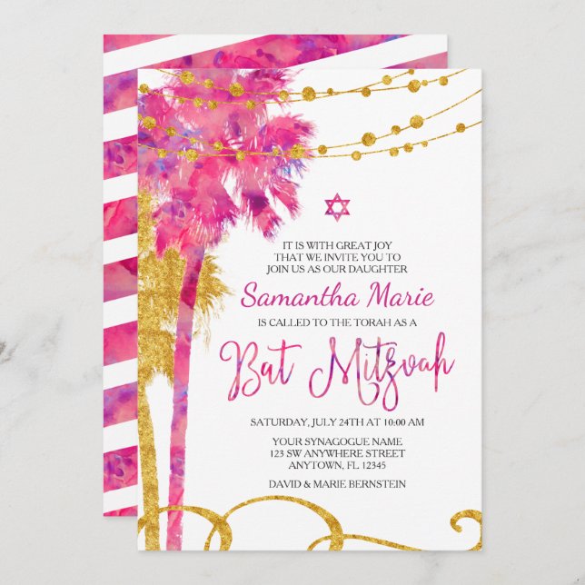 Pink Gold Watercolor Beach Bat mitzvah Invitations (Devant / Derrière)