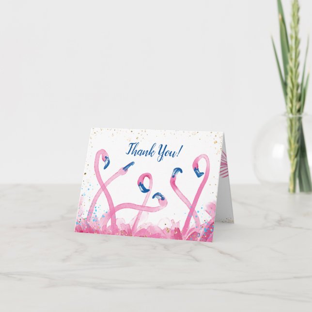 Pink Gold Watercolor Flamant rose Merci Cartes (Devant)
