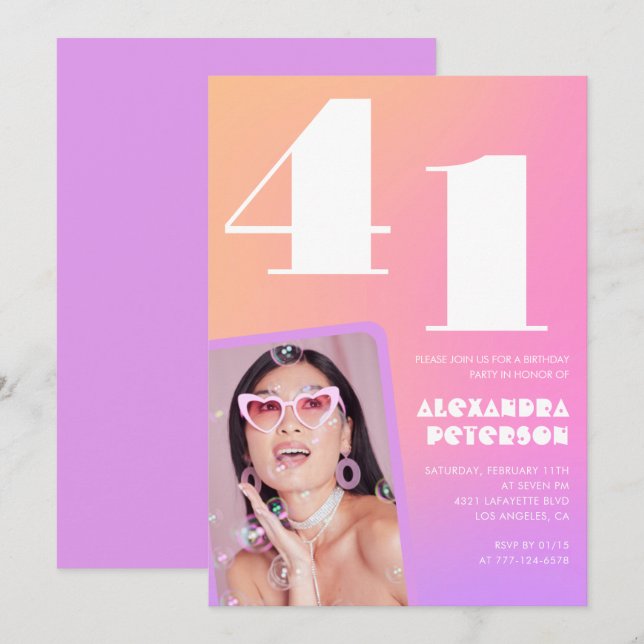 Pink Gradient 41e anniversaire invitation Retro Ph (Devant / Derrière)