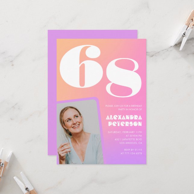 Pink Gradient invitation 68e anniversaire Retro Ph (Devant/Arrière en situation)