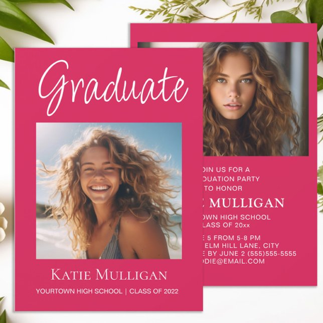 Pink Graduation 2 Photo Graduation (Hot pink 2-photo graduation party invitation)