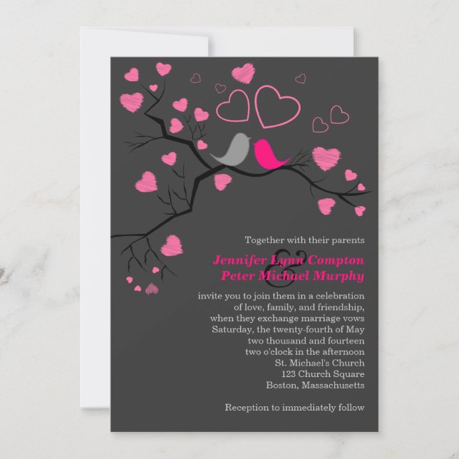 Pink, Gray Lovebirds & Hearts Wedding Invitation (Devant)