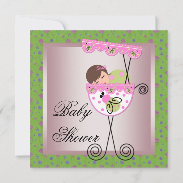 Pink Green Baby Girl Douche Invitations (Devant)