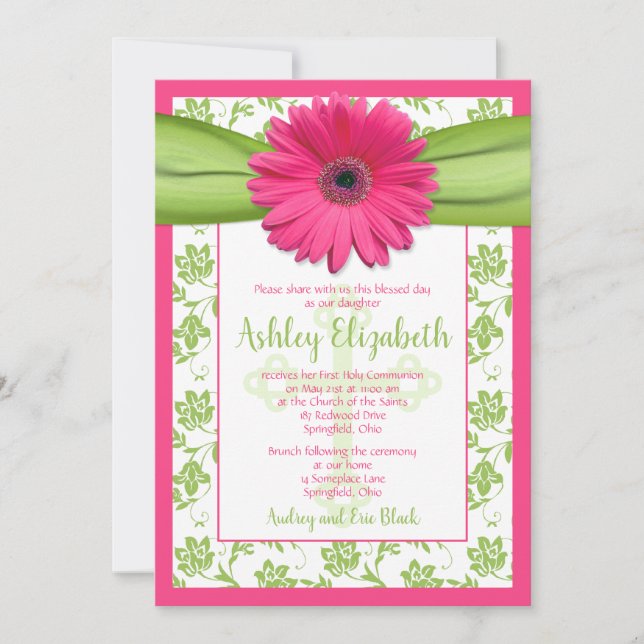 Pink Green Daisy Damask First Communion Invitation (Devant)