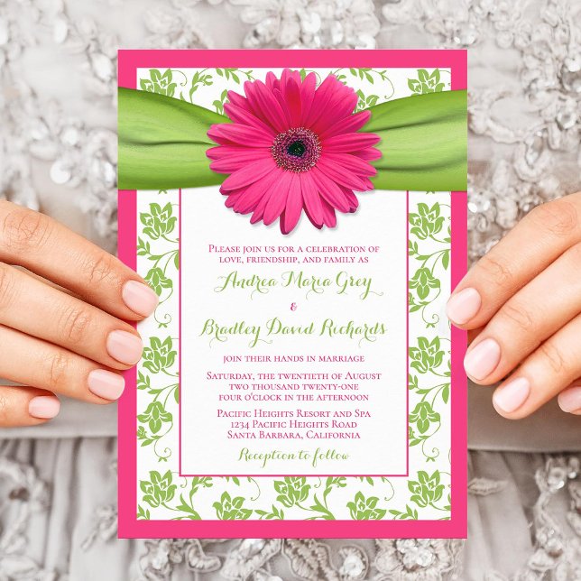 Pink Green Daisy Floral Mariage damassé Invitation (Créateur téléchargé)