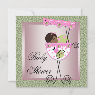 Pink Green Damask Baby Girl Douche Invitations