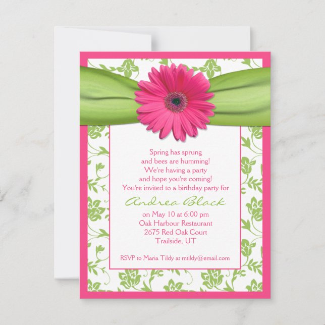 Pink Green Gerbera Daisy Invitation Anniversaire (Devant)