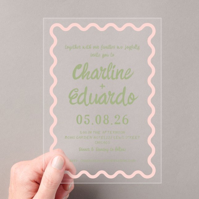 Pink green  Wavy Border Pastel Wedding Invitation (Créateur téléchargé)