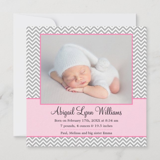 Pink Grey Chevron Girl Photo Faire-part de naissan (Devant)