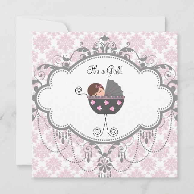 Pink Grey Damask Baby Girl Douche Invitations (Devant)