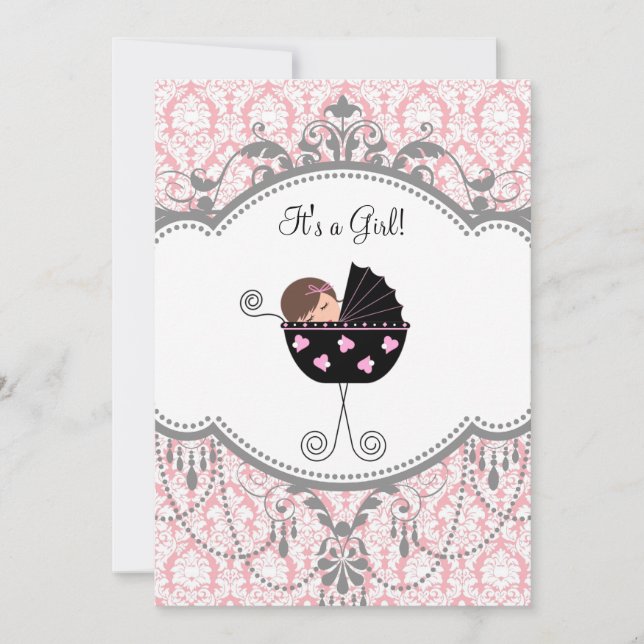 Pink Grey Damask Baby Girl Douche Invitations (Devant)