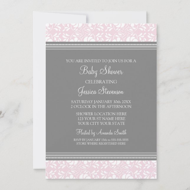 Pink Grey Damask Custom Baby Shower Invitations (Dos)