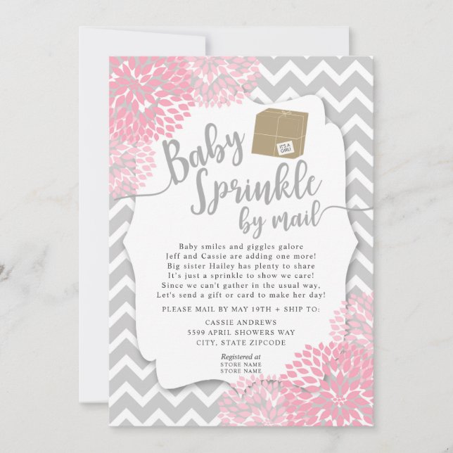 Pink Grey Floral Baby Sprinky par mail Invitation (Devant)