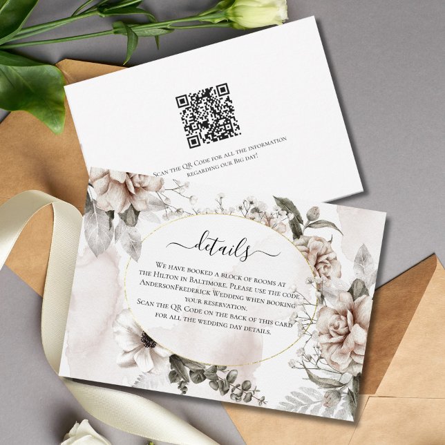 Pink Grey Floral Elegant Wedding Détails carte (Pink Gray Floral Watercolor Wedding details card)