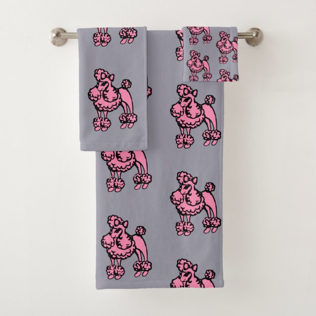  Pink Grey French Poodle Large Bath Towel Set (En situation)