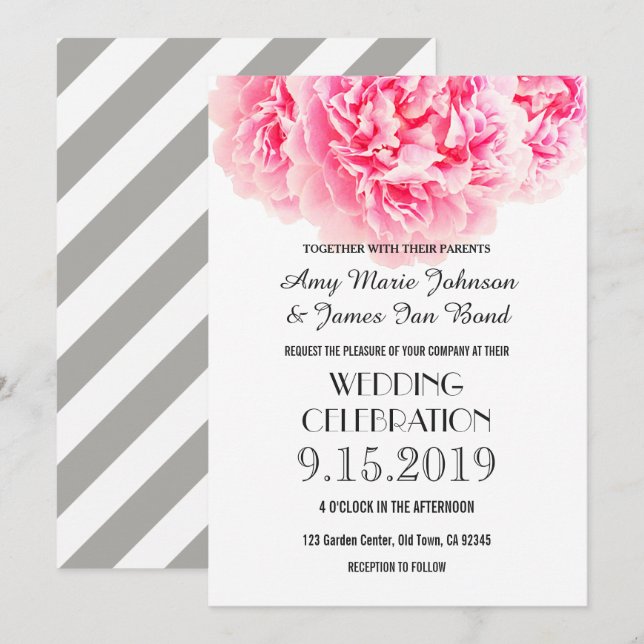 Pink Grey Peony invitations de mariage (Devant / Derrière)