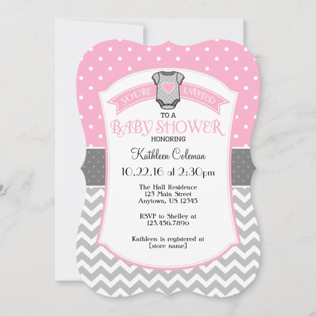 Pink Grey Polka Dot Chevron Baby shower Invitation (Devant)
