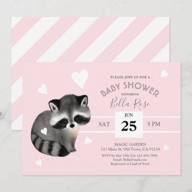 Pink Grey Stripes Raccoon Baby shower Invitation (Devant / Derrière)