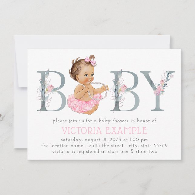 Pink Grey Tutu Pearl Baby Girl Shower Invitations (Devant)