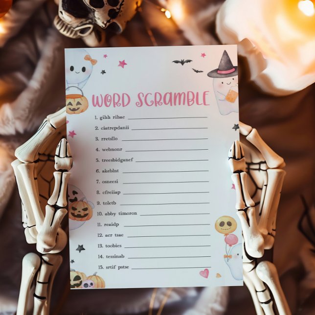 Pink Halloween Little Boot Word Scramble Jeu (Baby is Brewing Baby Shower Word Scramble Game)