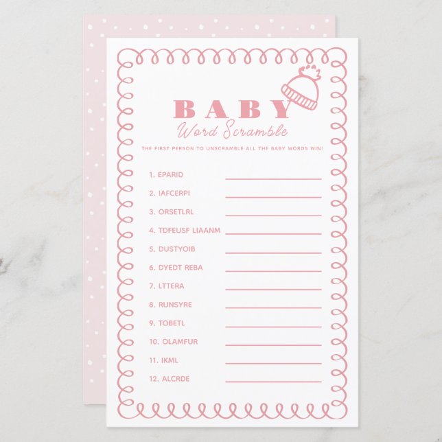 Pink Hand-Drawn Beanie Girl Baby Word Scramble (Devant / Derrière)