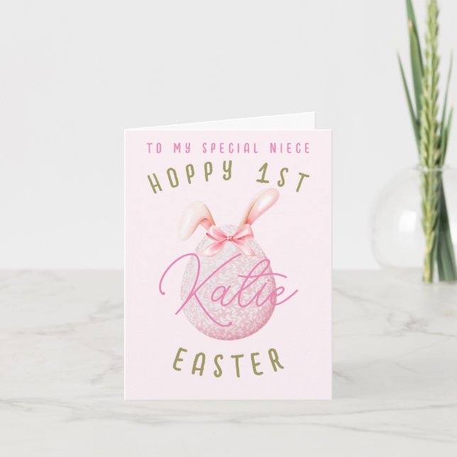 Pink Happy 1st Easter Egg Niece Nom Carte de voeux (Devant)