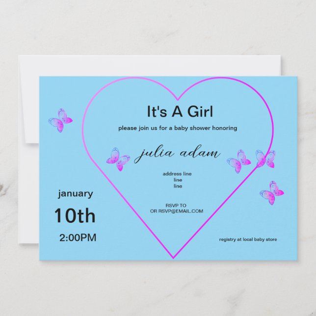 Pink Heart Butterfly fille baby shower Invitation (Devant)