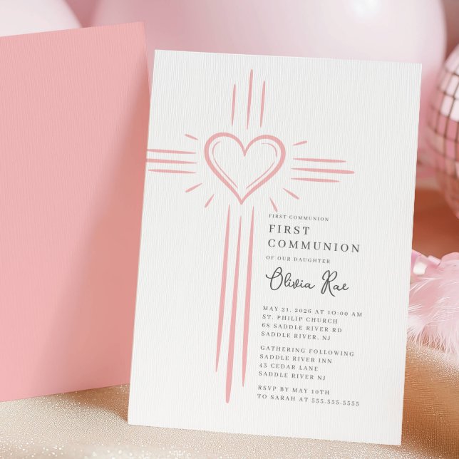 Pink Heart Cross First Communion Invitation (Créateur téléchargé)