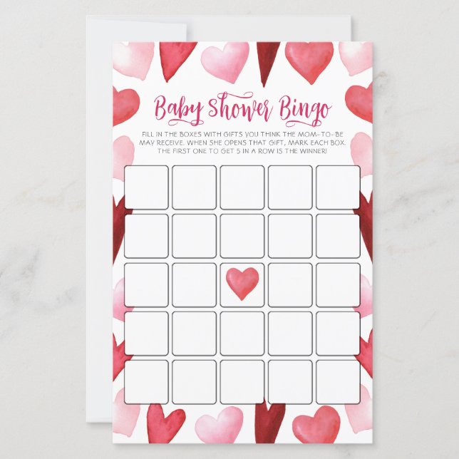 Pink Hearts Baby Shower Bingo Game Card (Devant)
