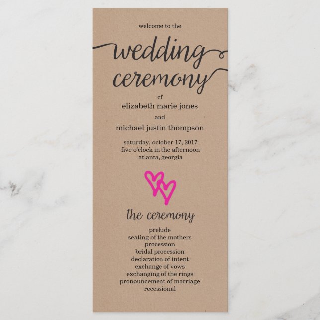 Pink Hearts Kraft Wedding Programme (Devant)