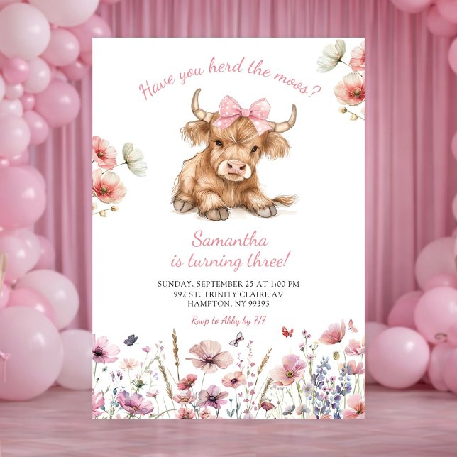 Pink Heifer Bull Floral Birthday Invitation (Créateur téléchargé)