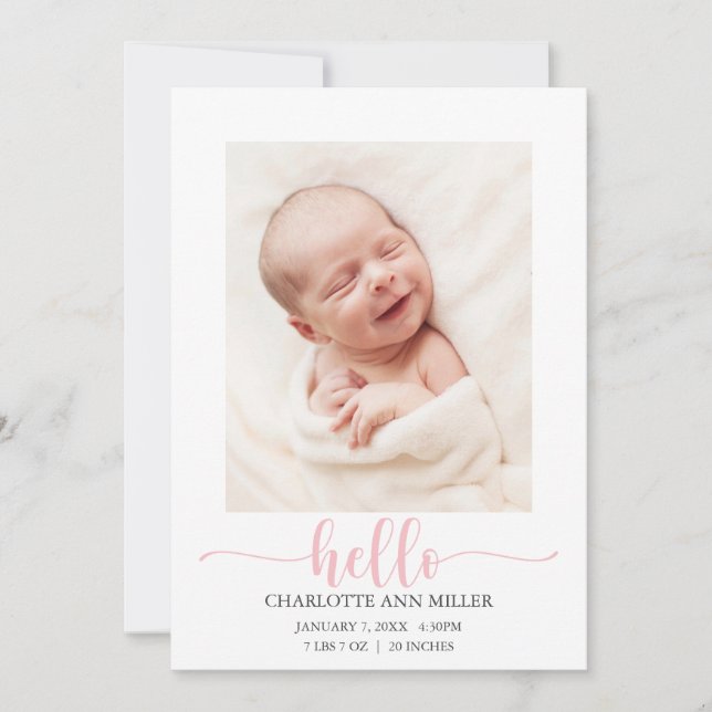 Pink Hello Baby Faire-part de naissance Carte phot (Devant)