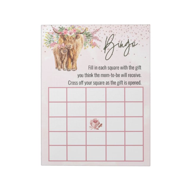 Pink Highland Cow Baby shower Bingo jeu Bloc-notes (Tourné)
