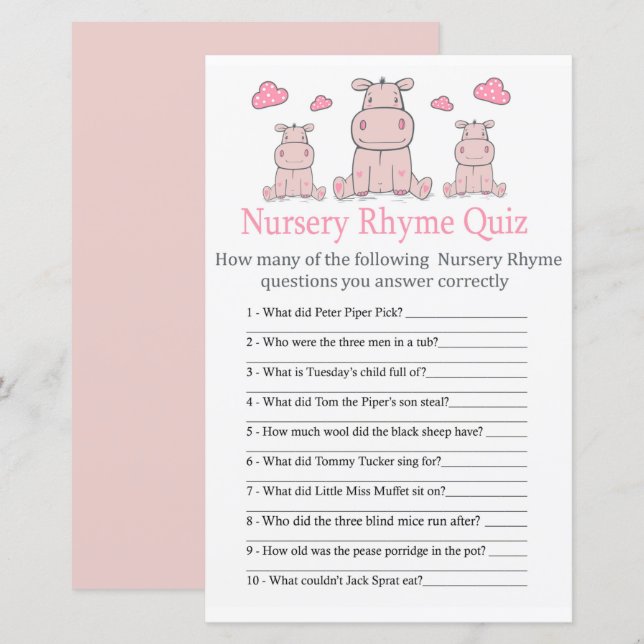 Pink Hippo Nursery Rhyme Quiz jeu de baby shower (Devant / Derrière)