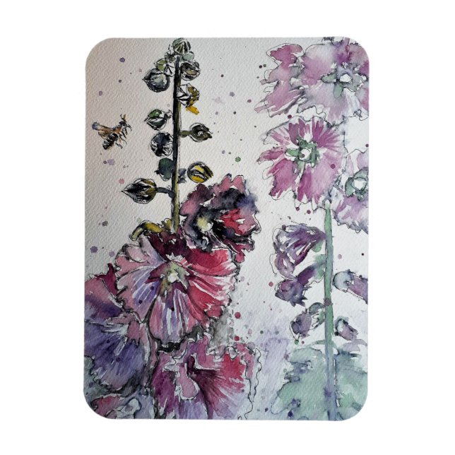 Pink Hollyhock Floral Flowers Aquarelle Magnet (Vertical)
