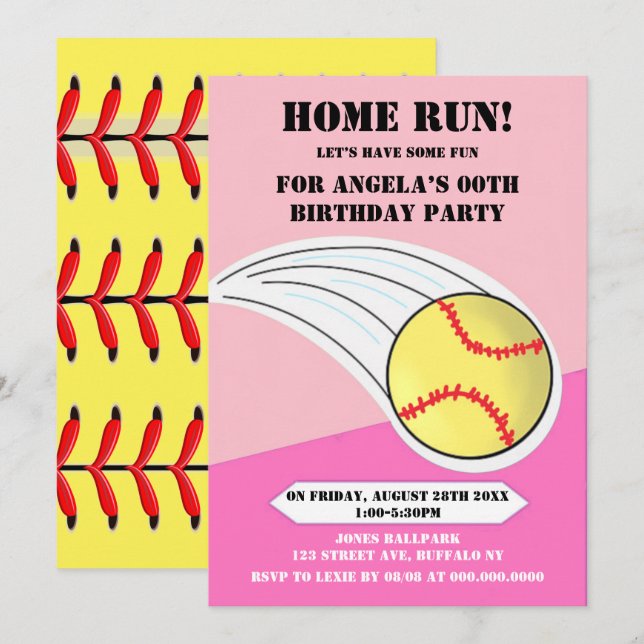 Pink Home Run Softball Anniversaire (Devant / Derrière)